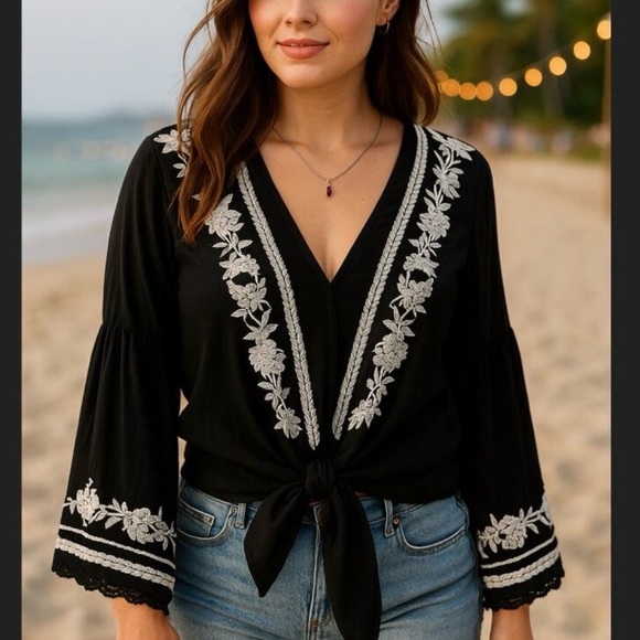 lovestitch Tops - Lovestitch Black Embroidered Boho Tie-Front Top | L